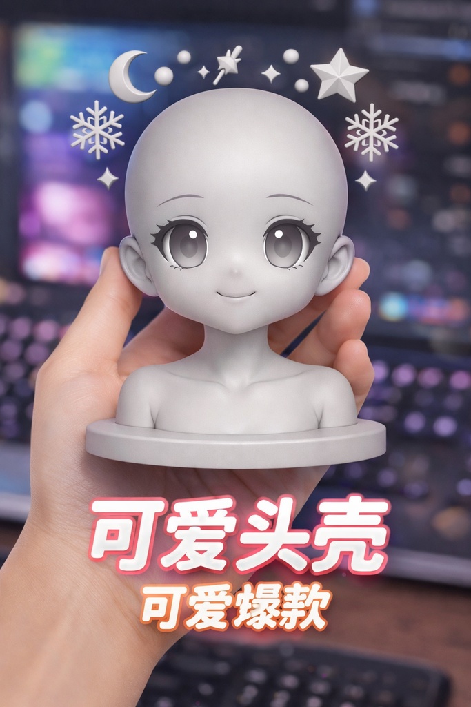 【高精度3Dプリント】大眼萌え系・二次元少女グレーモデル|完全ボールドヘッド|浮遊アクセサリー付き半身フィギュア