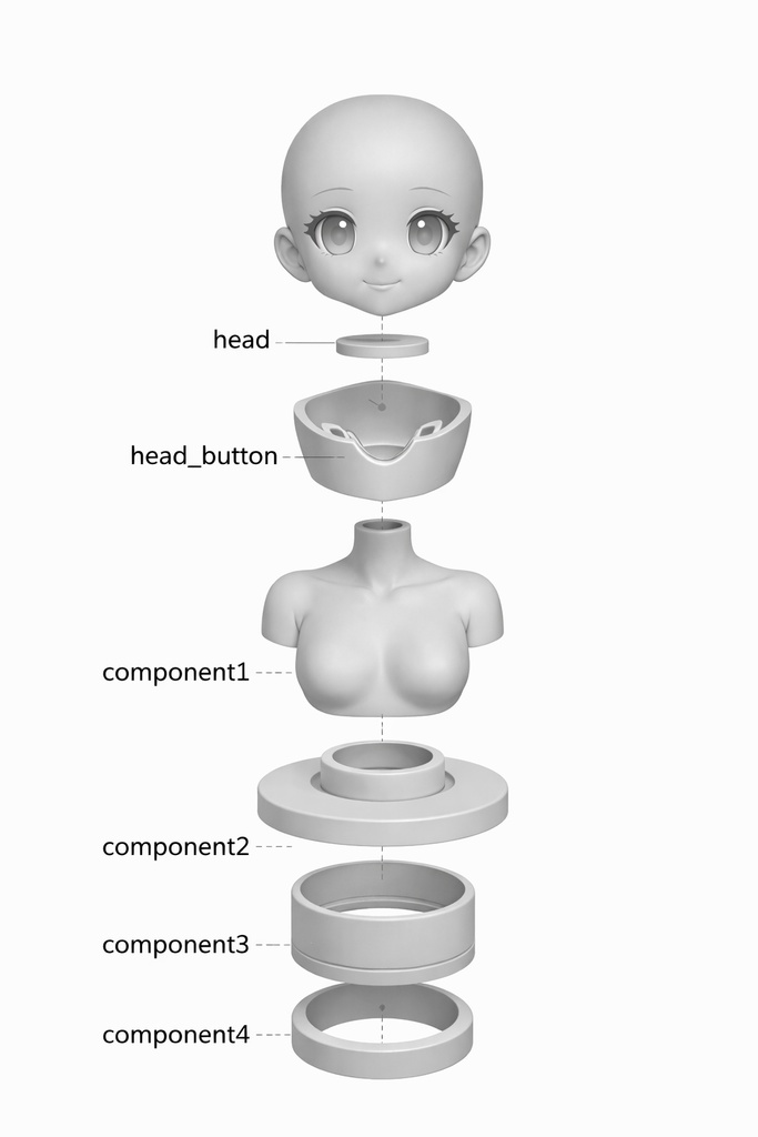 【高精度3Dプリント】大眼萌え系・二次元少女グレーモデル|完全ボールドヘッド|浮遊アクセサリー付き半身フィギュア