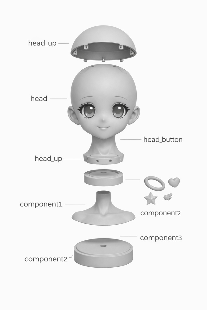 【高精度3Dプリント】日系二次元・大眼萌え少女ヘッドシェル|完全光頭・浮遊アクセサリー付き・コレクションモデル