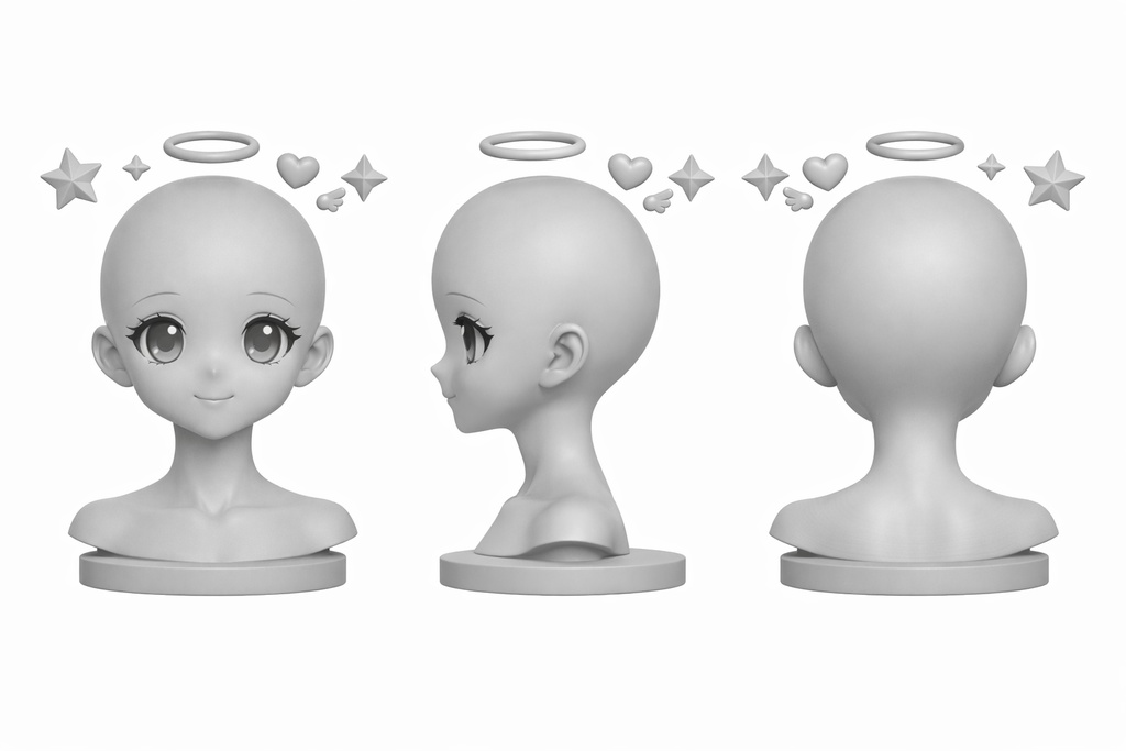 【高精度3Dプリント】日系二次元・大眼萌え少女ヘッドシェル|完全光頭・浮遊アクセサリー付き・コレクションモデル