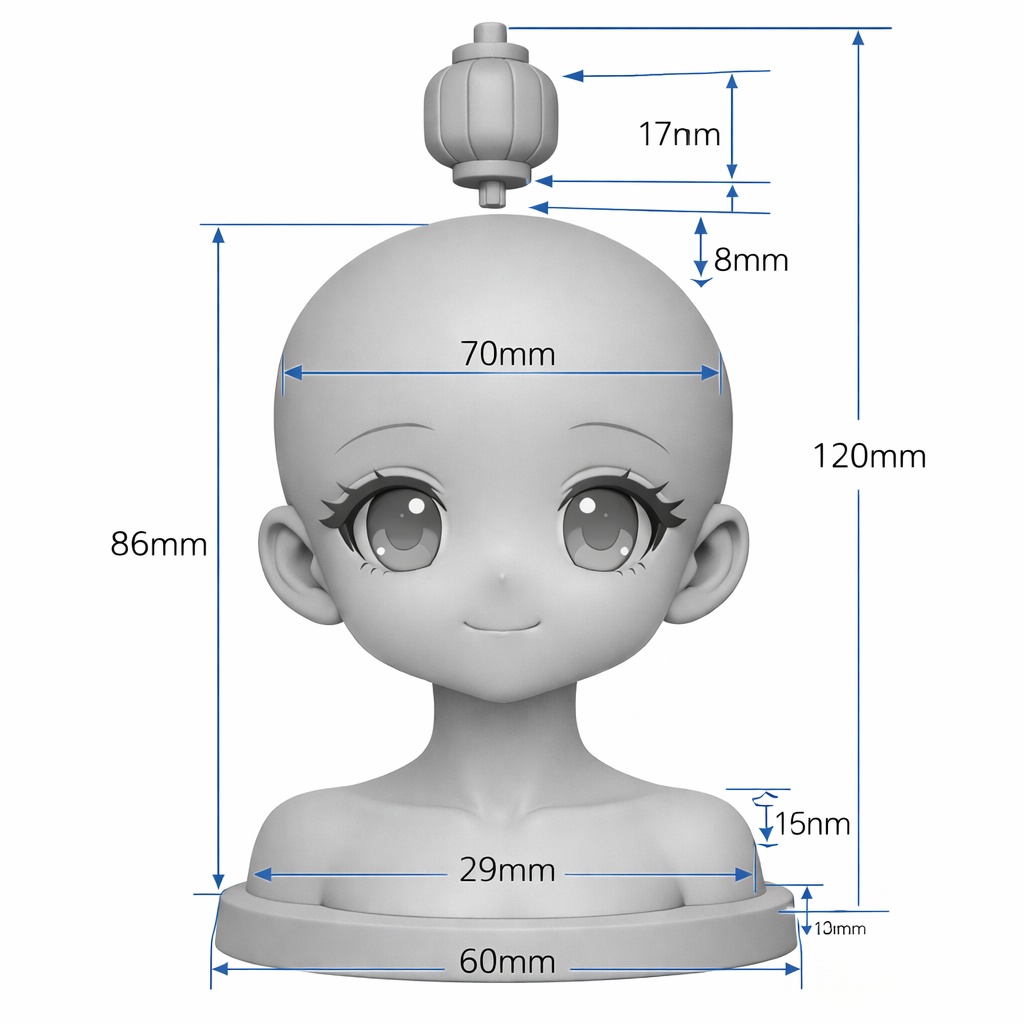 【3Dプリント用】二次元・大眼萌え少女ヘッド|完全無髪・グレーモデル|浮遊アクセサリー付き