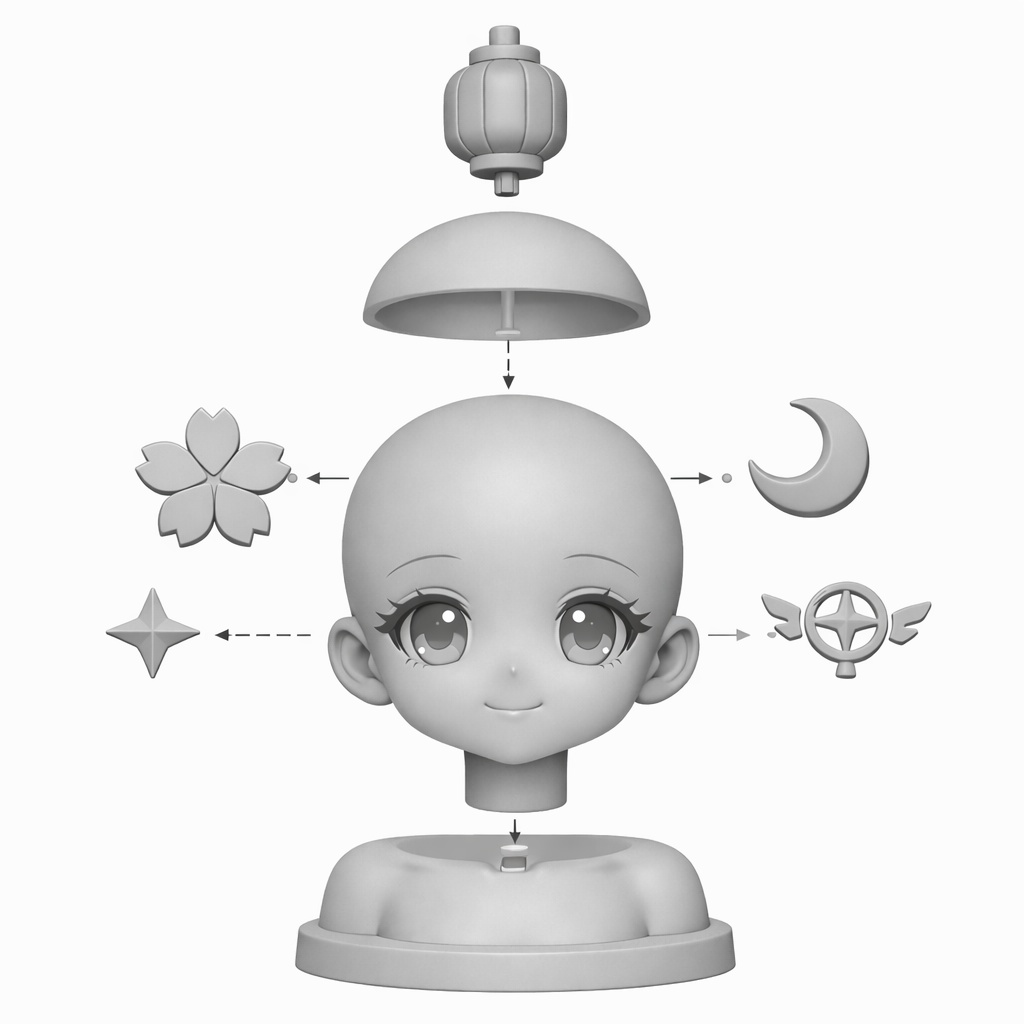 【3Dプリント用】二次元・大眼萌え少女ヘッド|完全無髪・グレーモデル|浮遊アクセサリー付き