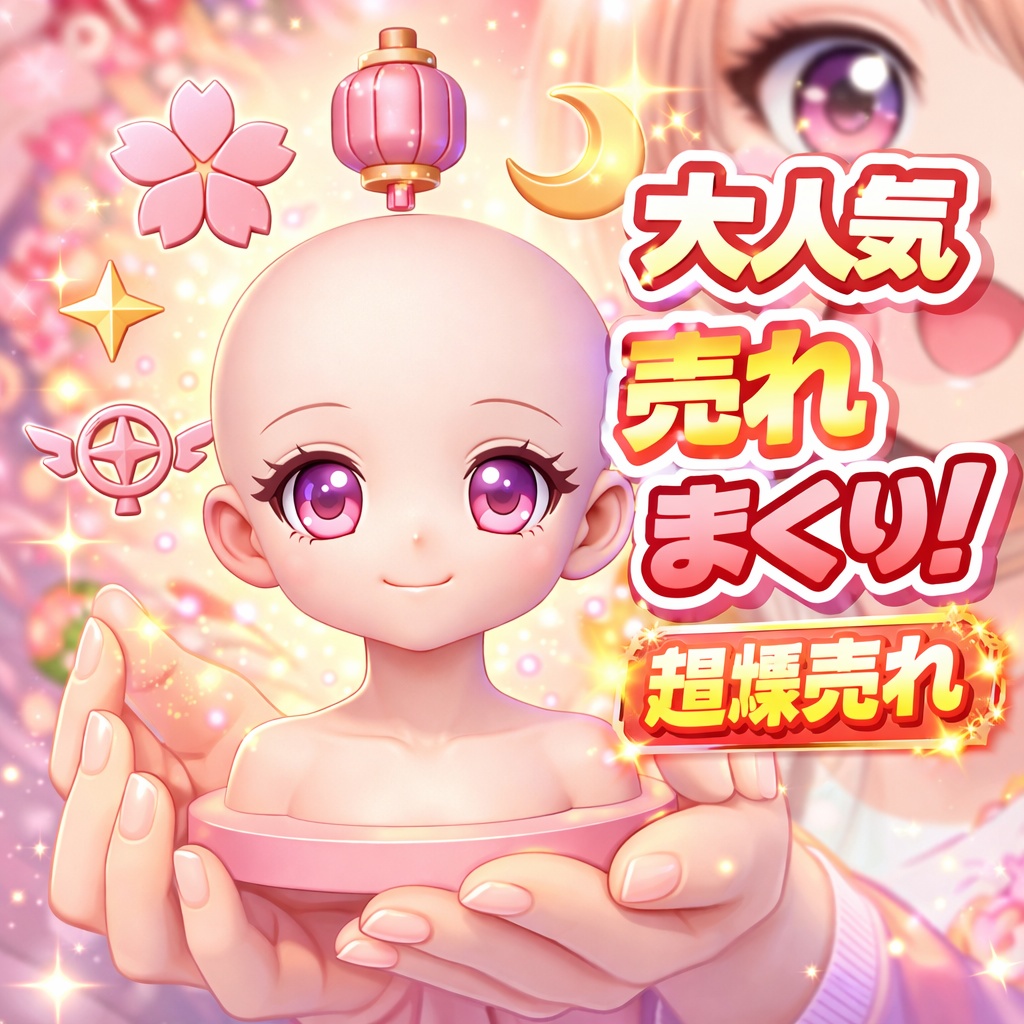 【3Dプリント用】二次元・大眼萌え少女ヘッド｜完全無髪・グレーモデル｜浮遊アクセサリー付き