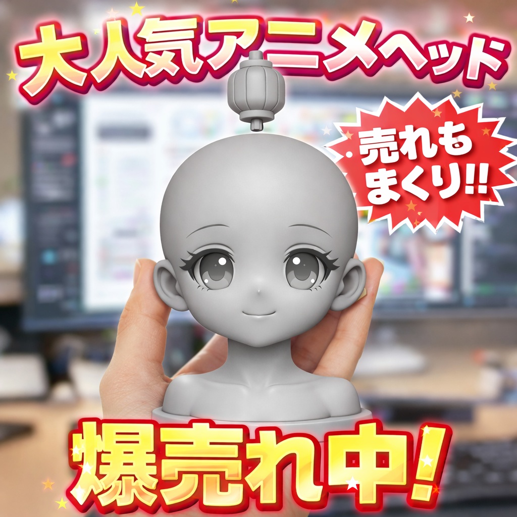 【3Dプリント用】二次元・大眼萌え少女ヘッド|完全無髪・グレーモデル|浮遊アクセサリー付き