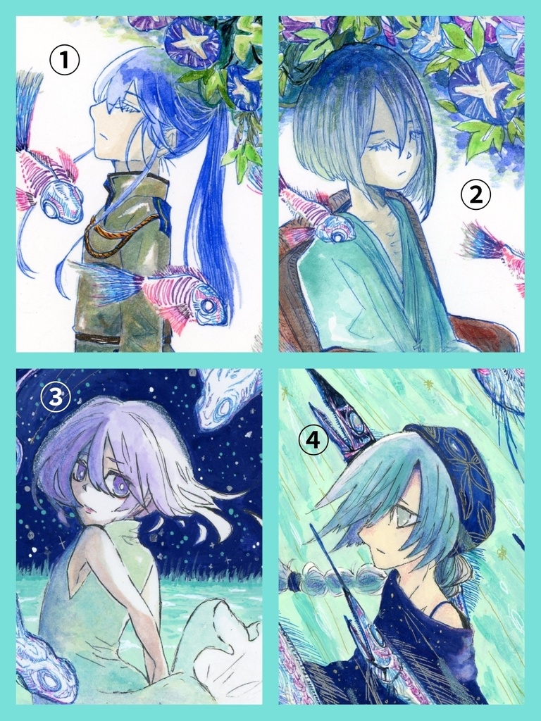 『青と朝顔』①～④ ATC オリジナル 手描き イラスト