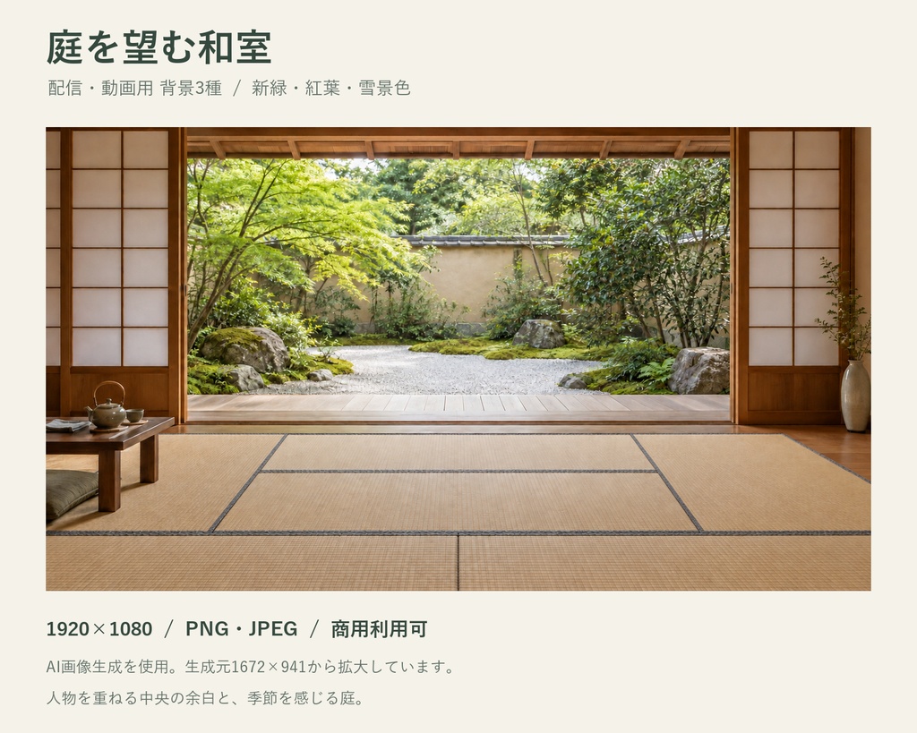 庭を望む和室｜配信・動画用背景3種【新緑・紅葉・雪景色】