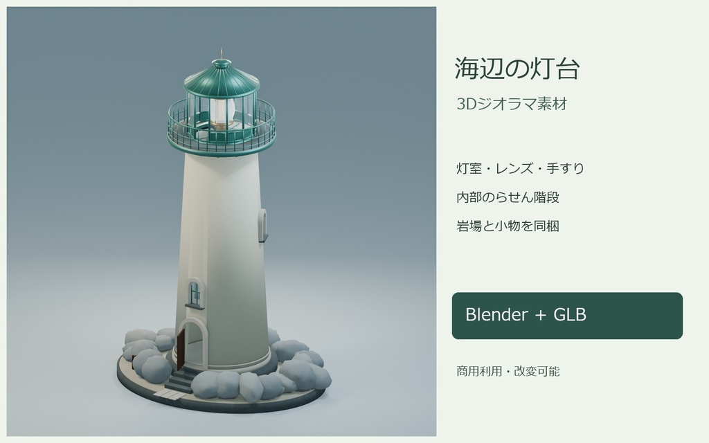 海辺の灯台｜灯室・らせん階段・岩場の3D素材【Blender・GLB】