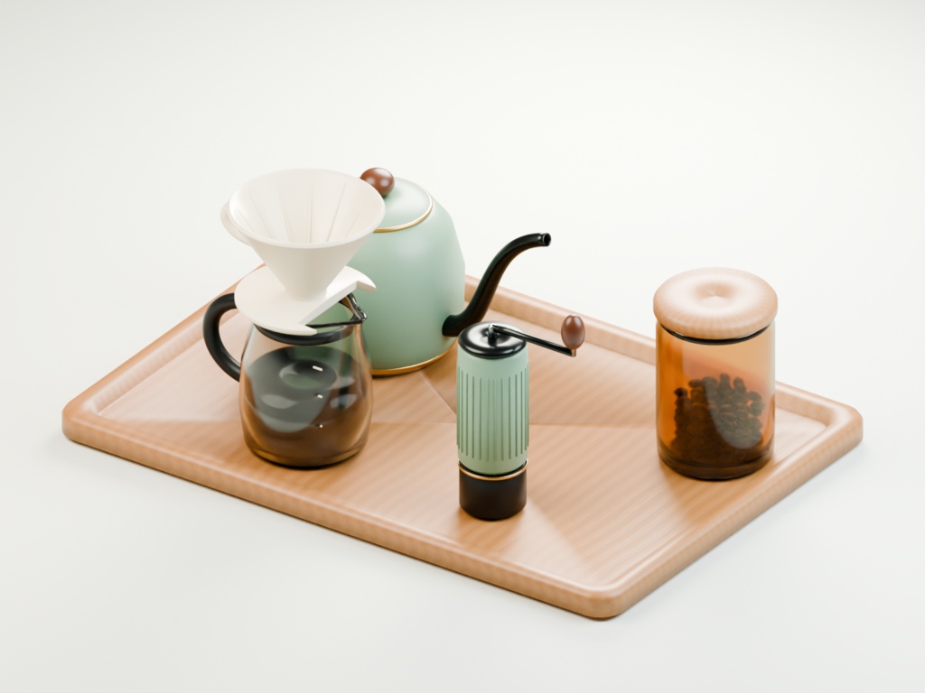 淡い緑とオークのコーヒーツール｜3D小物6点セット