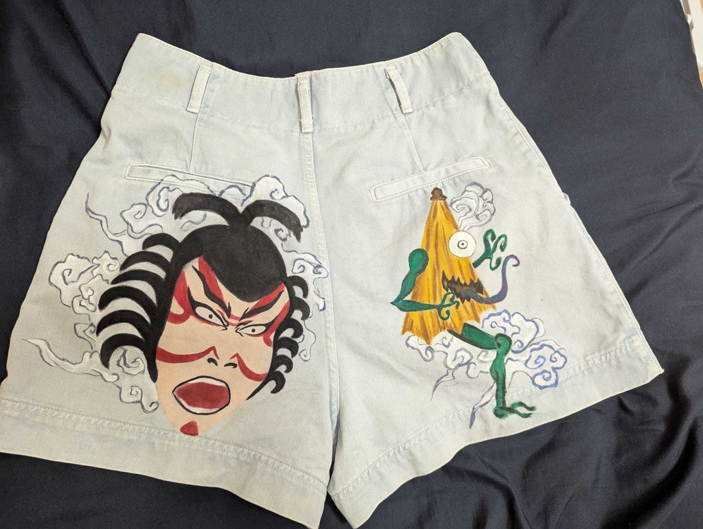 手描きヴィンテージパンツ・日本の民俗モチーフ