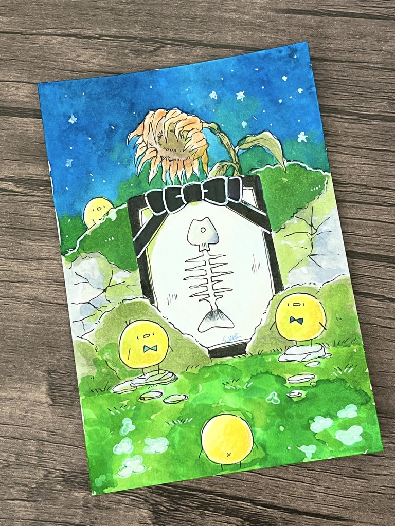 【原画】ひよこと向日葵と、【ハガキサイズ】