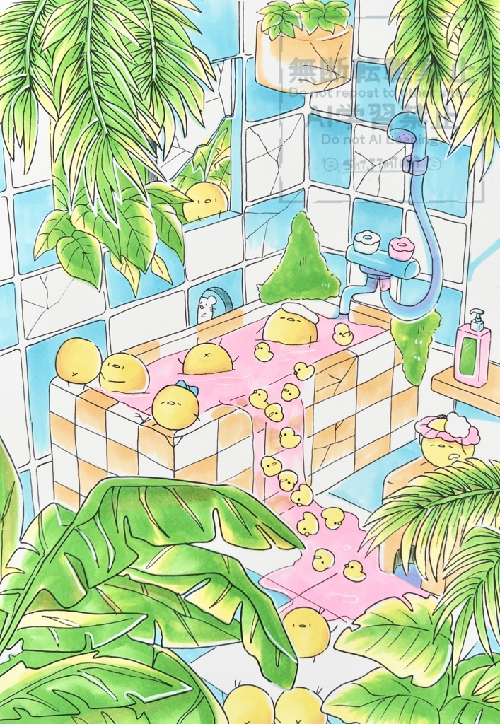 【額装原画】ひよこのバスタイム