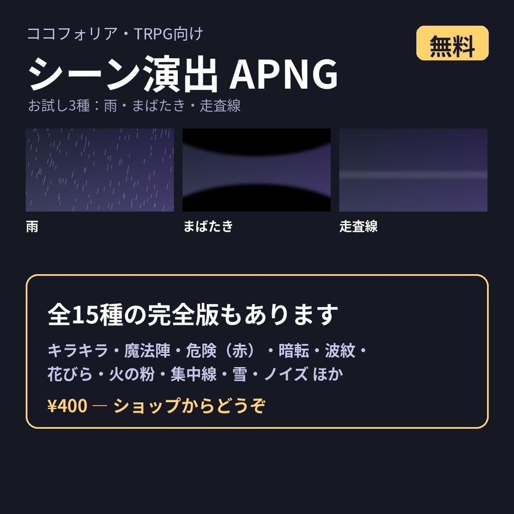【無料・ココフォリア・TRPG】シーン演出 APNG お試し3種｜雨・まばたき・走査線｜透過ループ