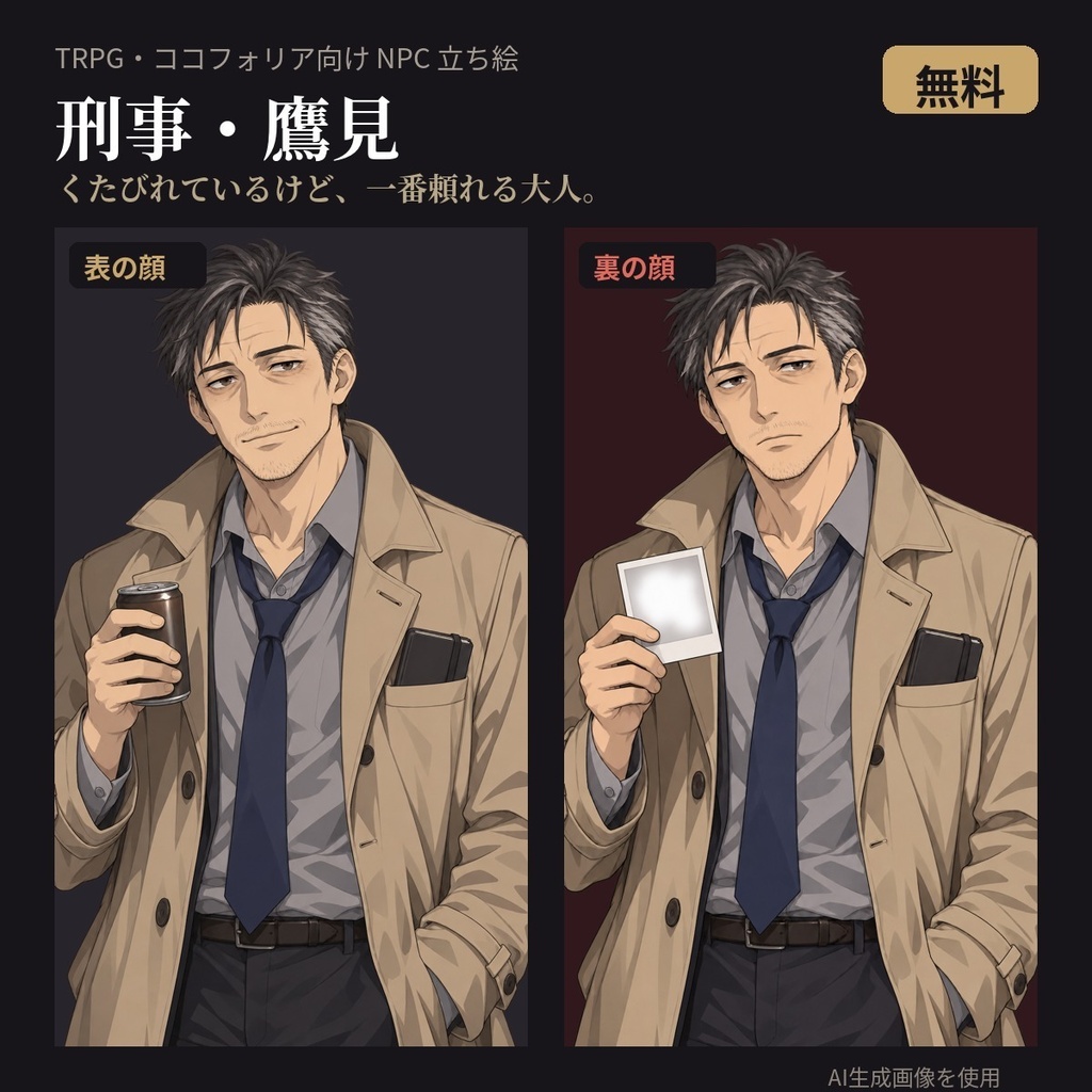 【無料・TRPG立ち絵】刑事・鷹見｜表の顔・裏の顔｜透過PNG・ココフォリア