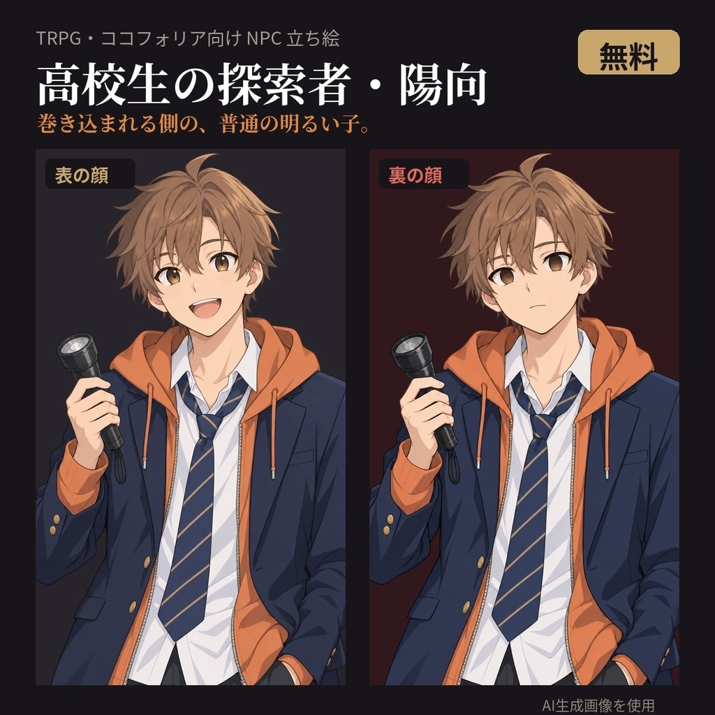 【無料・TRPG立ち絵】高校生の探索者・陽向|表の顔・裏の顔|透過PNG・ココフォリア