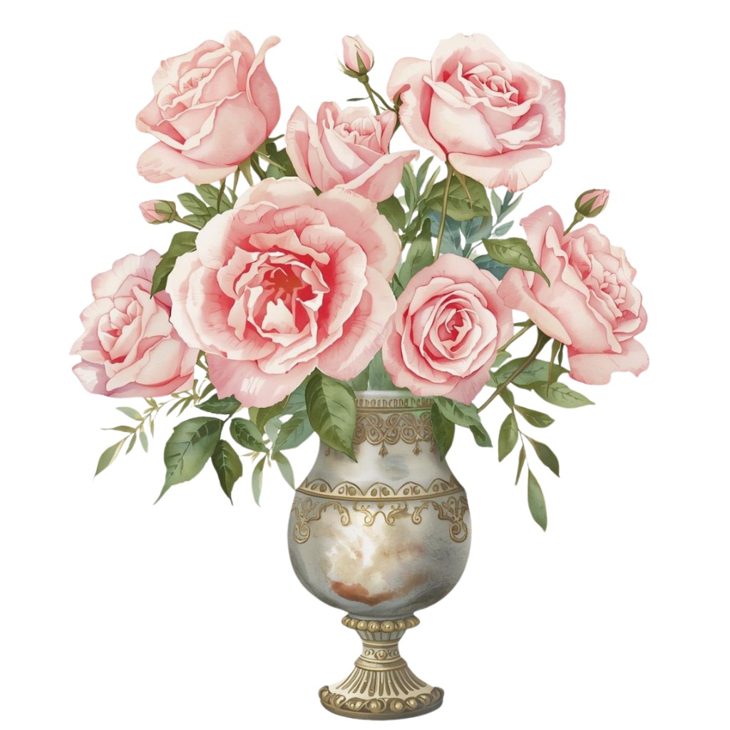 「ピンク系アンティーク雑貨・水彩画風クリップアートセット(全10点/PNG・背景透明)」