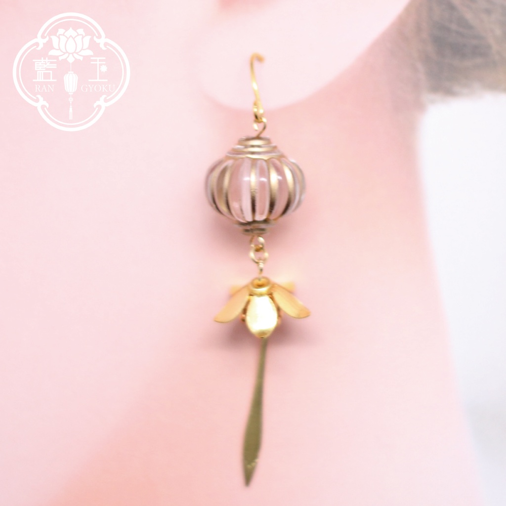 【中華風ピアス・イヤリング】金秋/ランタンとお花と扇のアクセサリー