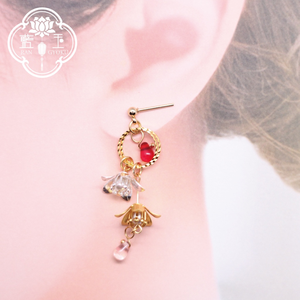 【中華風ピアス・イヤリング】芳春/雫ビーズと花のアクセサリー
