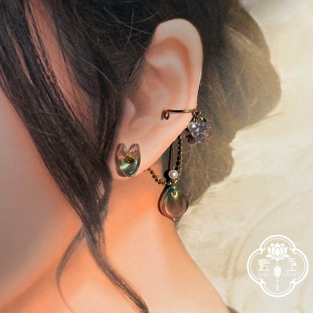 【2way】ピアス(イヤリング)+イヤーカフset.氷のお狐様:桃紫・桃青緑