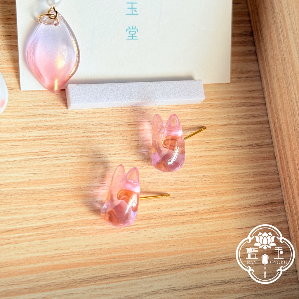 【2way】ピアス(イヤリング)+イヤーカフset.氷のお狐様:桃紫・桃青緑