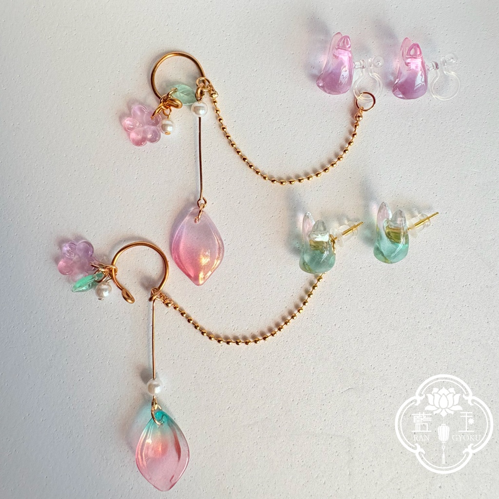 【2way】ピアス(イヤリング)+イヤーカフset.氷のお狐様:桃紫・桃青緑