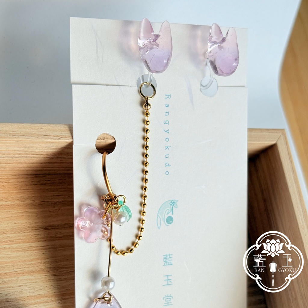 【2way】ピアス(イヤリング)+イヤーカフset.氷のお狐様:桃紫・桃青緑