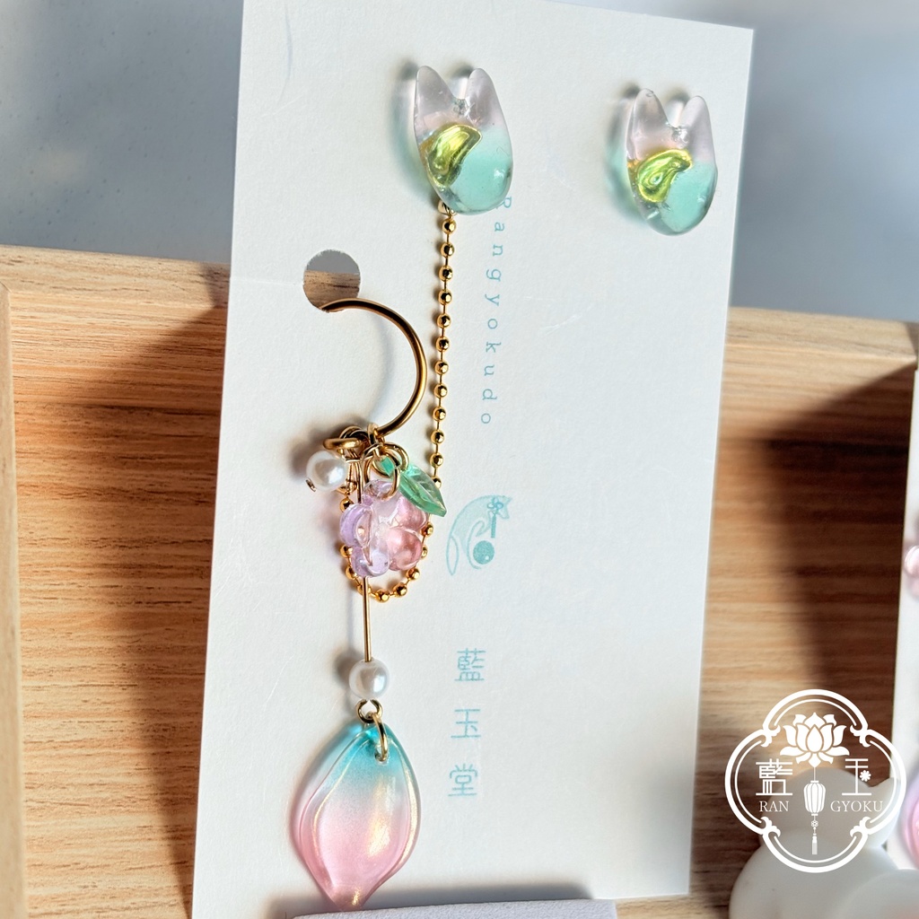 【2way】ピアス(イヤリング)+イヤーカフset.氷のお狐様:桃紫・桃青緑