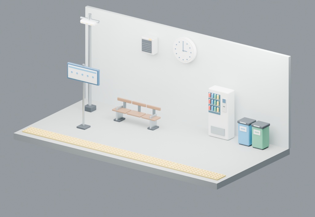 駅ホーム小物3D素材 12点セット|軽量GLB・Blender