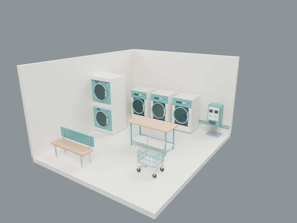 小さなコインランドリー 3D素材6点｜軽量GLB・Blender・組立シーン