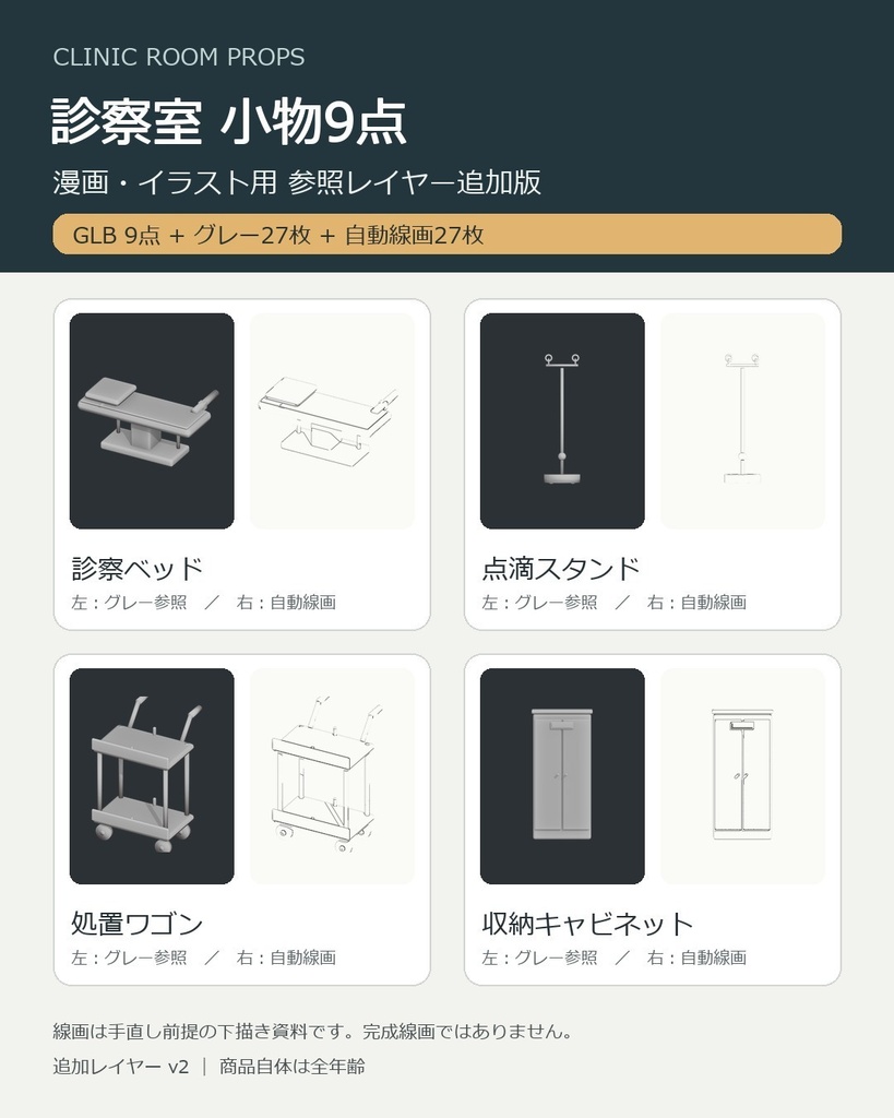 診察室の背景小物9点|軽量GLB・Blender編集用