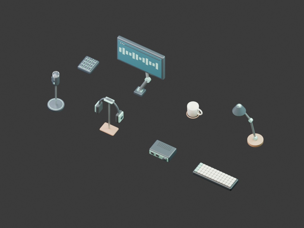 MIDNIGHT AUDIO|配信デスクの3D小物8点【Blender・GLB】