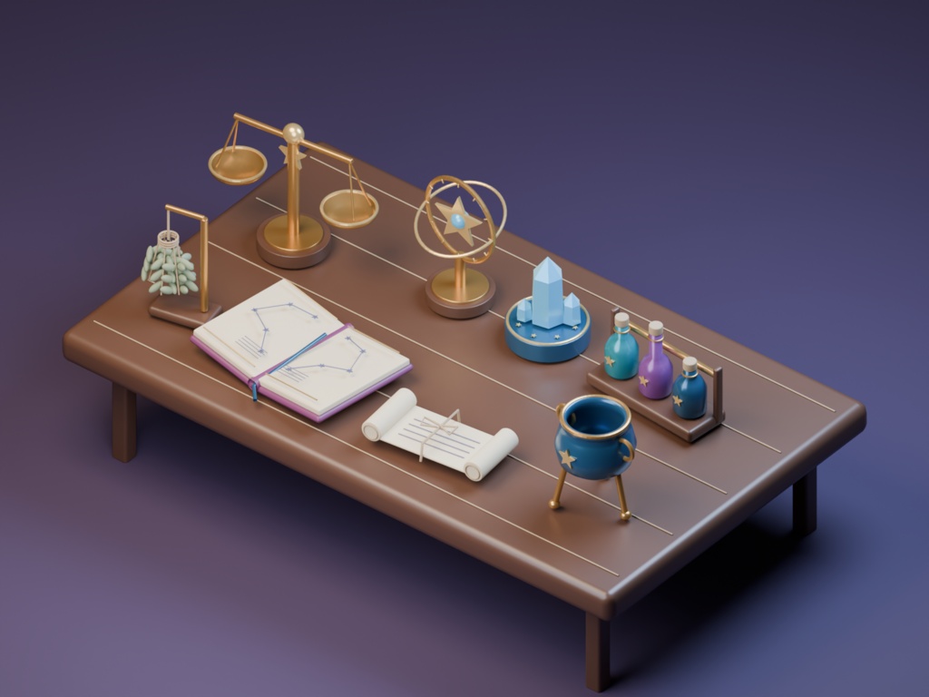星屑調合室｜魔法の机の道具8点【3D小物・Blender・GLB】