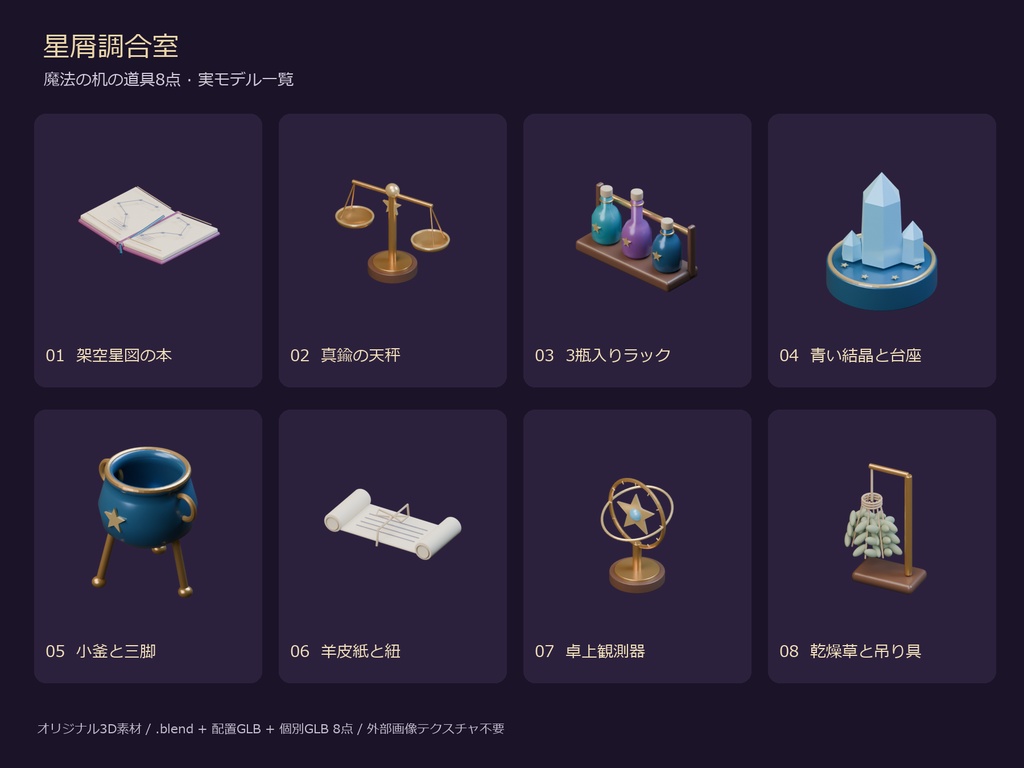 星屑調合室|魔法の机の道具8点【3D小物・Blender・GLB】