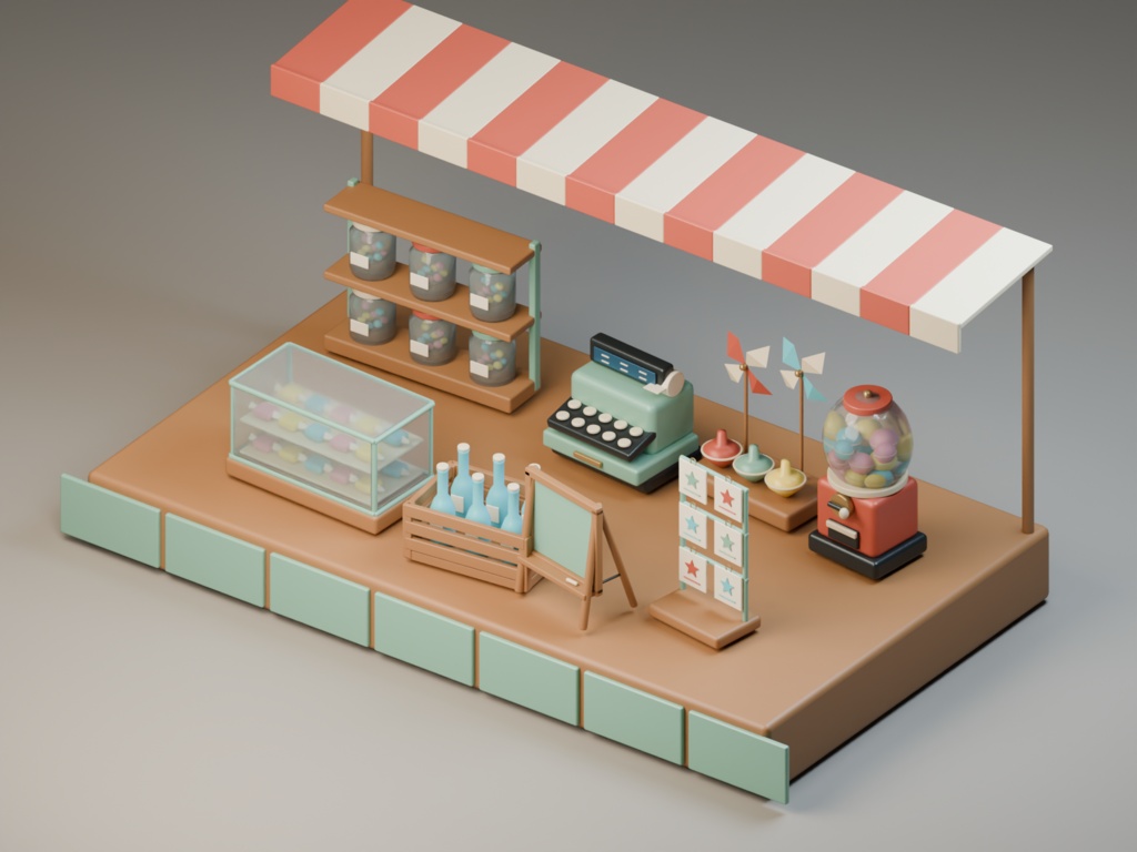 路地の駄菓子屋|小商店の店先を彩る3D小物8点【Blender・GLB】