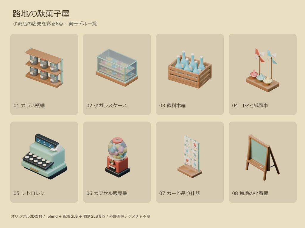 路地の駄菓子屋|小商店の店先を彩る3D小物8点【Blender・GLB】