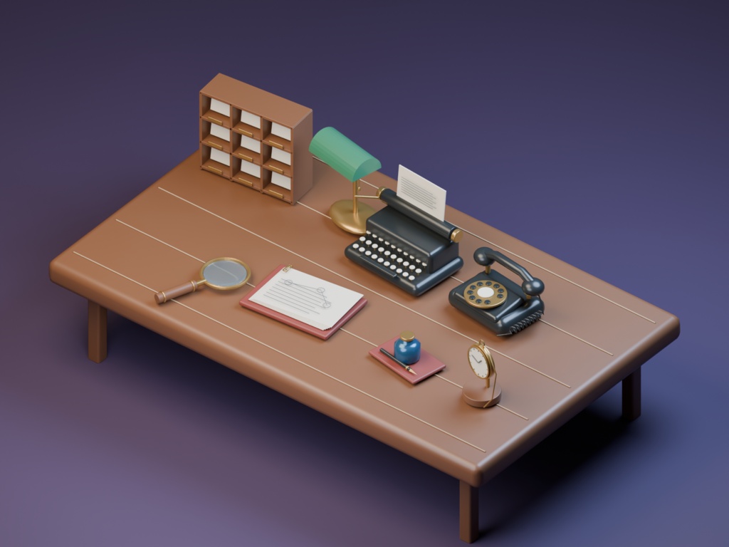 探偵事務所の机｜物語の手がかりを並べる3D小物8点【Blender・GLB】