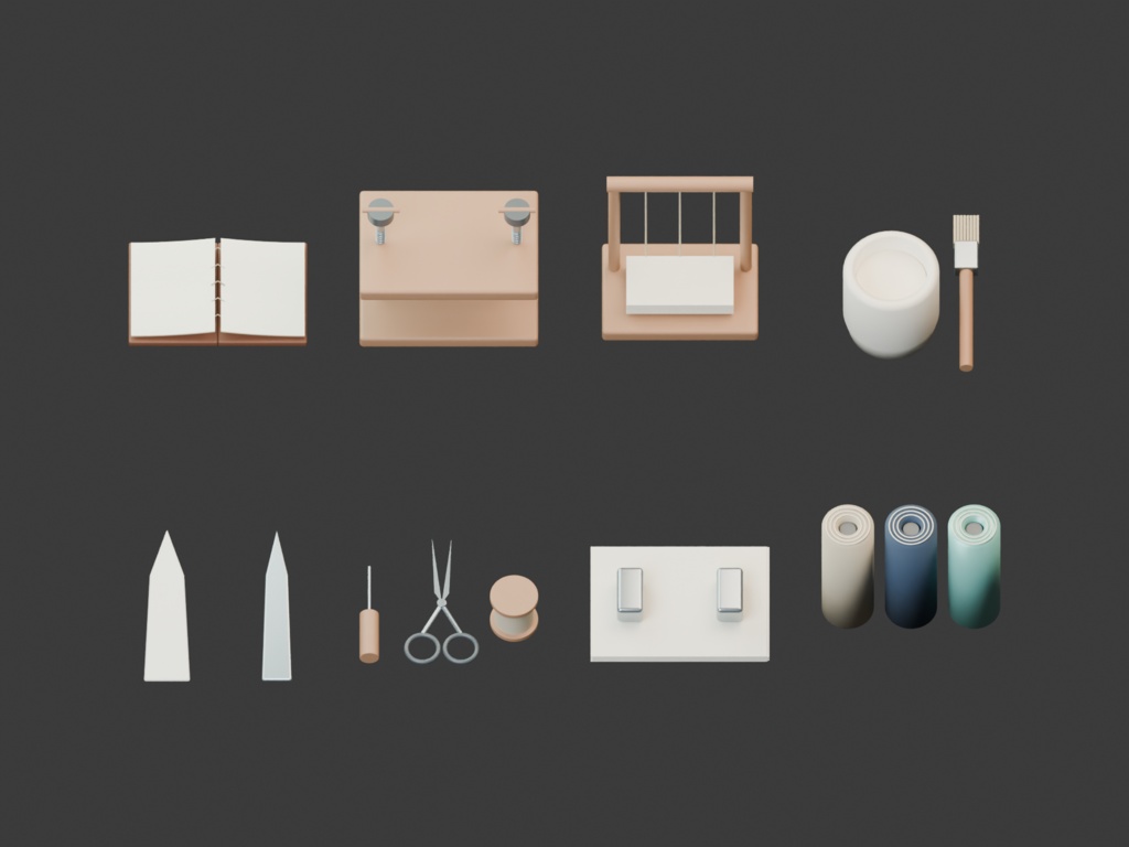 古書修復の仕事台|製本工房の3D小物8組【Blender・GLB】
