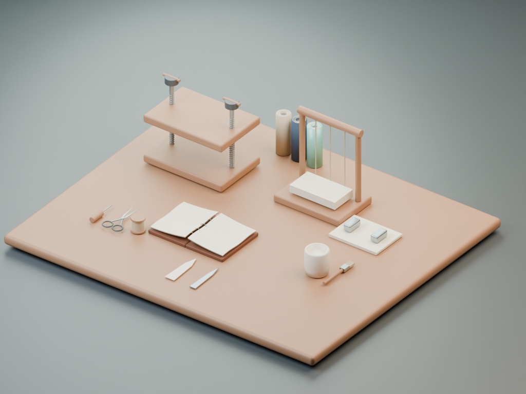 古書修復の仕事台｜製本工房の3D小物8組【Blender・GLB】