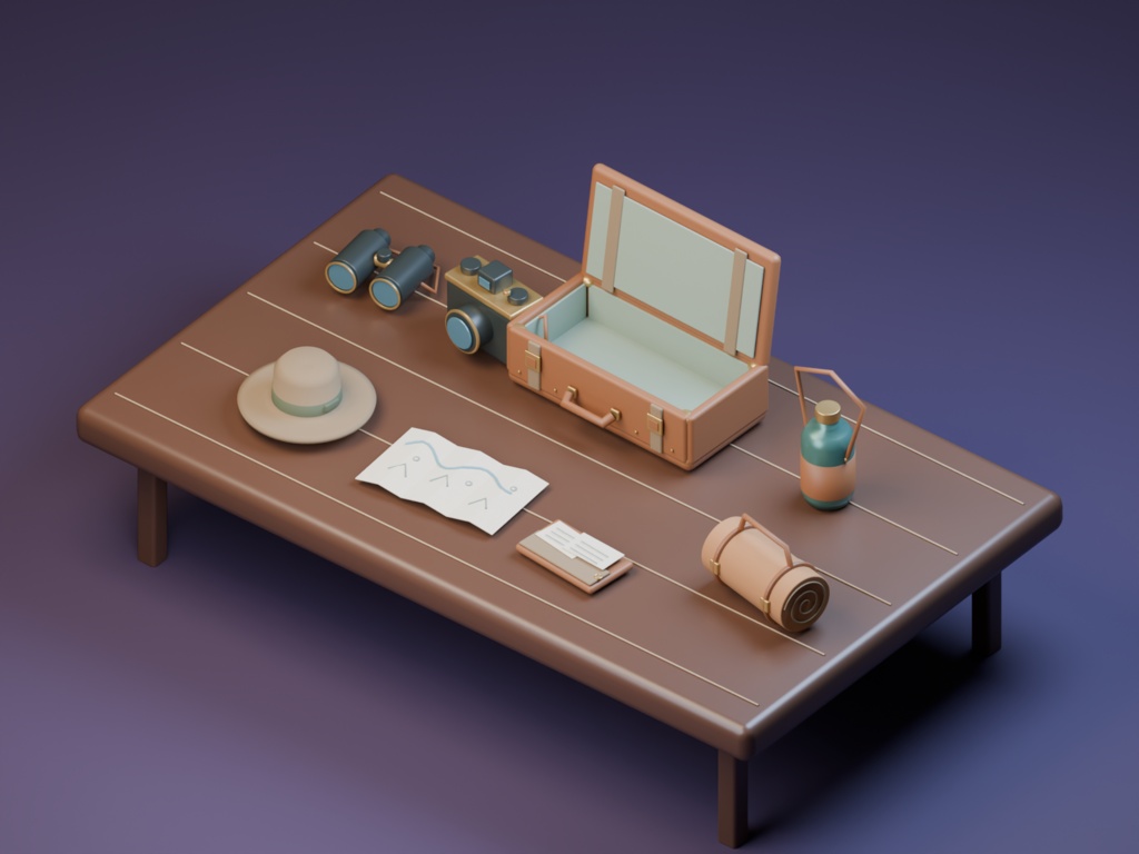 旅支度のトランク｜旅の物語を組み立てる3D小物8点【Blender・GLB】