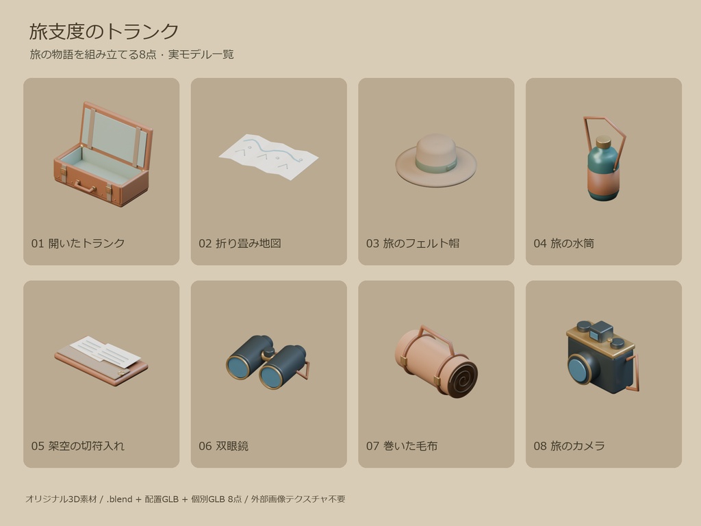 旅支度のトランク|旅の物語を組み立てる3D小物8点【Blender・GLB】