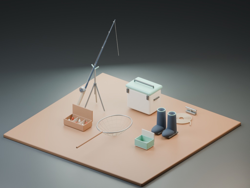 海辺の釣具小屋|釣り支度の3D小物8組【Blender・GLB】