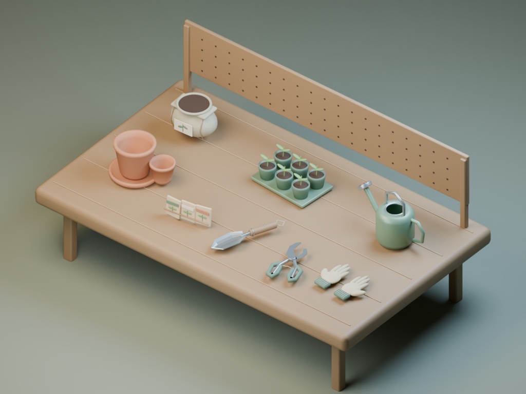 園芸家の植替え台｜庭仕事の3D小物8点【Blender・GLB】