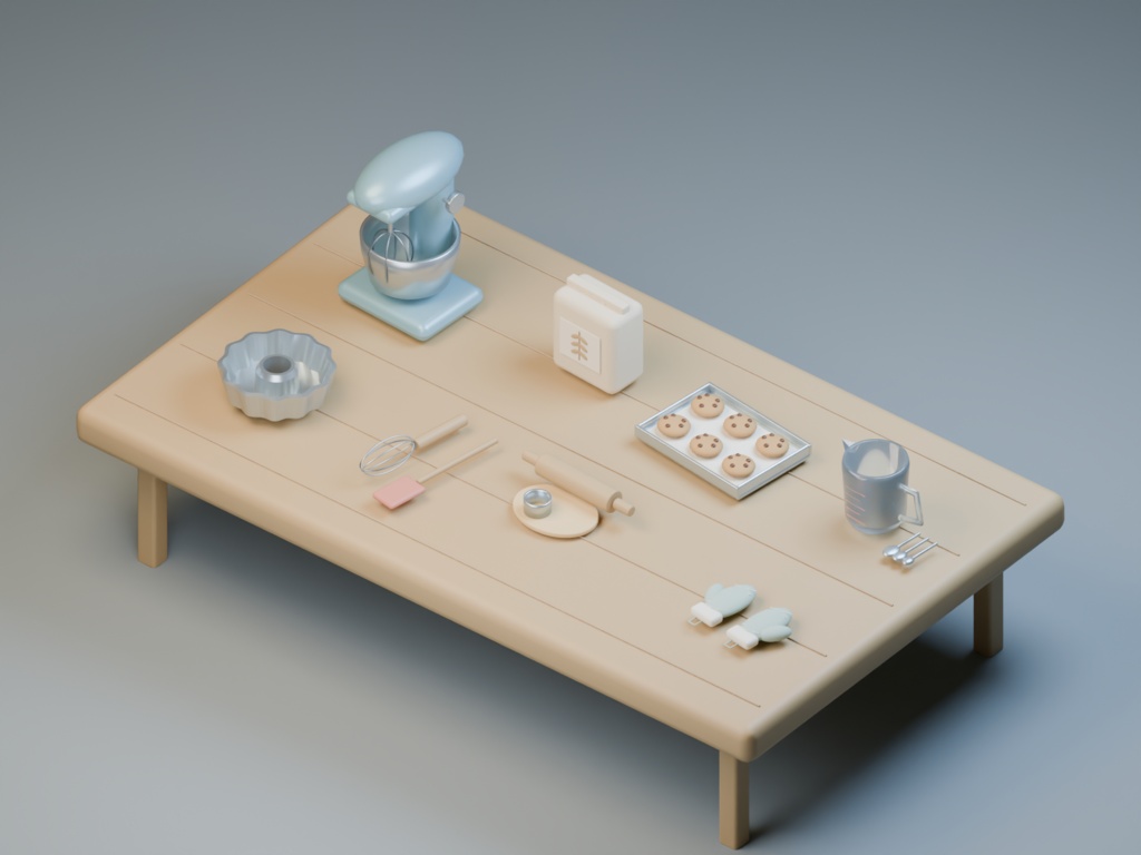お菓子づくりの台所｜製菓の3D小物8点【Blender・GLB】
