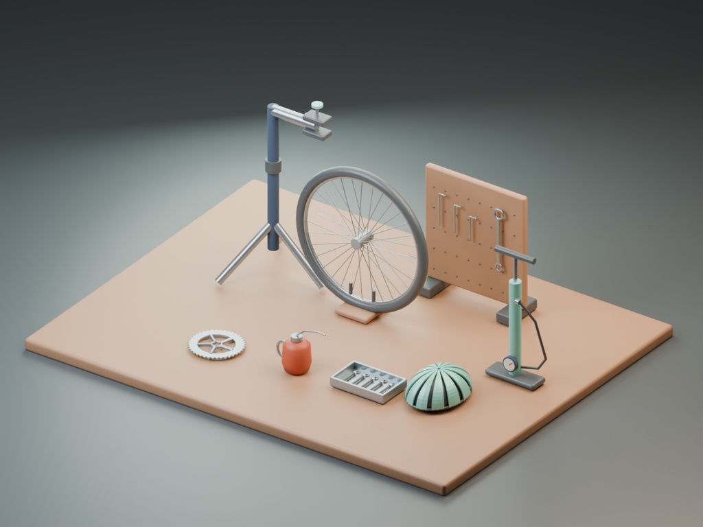 自転車修理の工具台|作業場の3D小物8組【Blender・GLB】