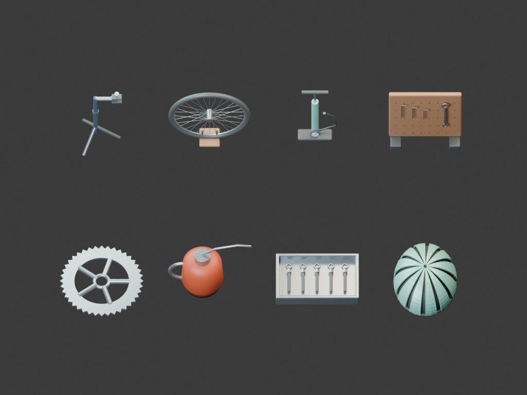自転車修理の工具台|作業場の3D小物8組【Blender・GLB】