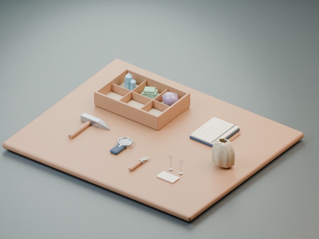 鉱石採集の机｜標本整理の3D小物8組【Blender・GLB】
