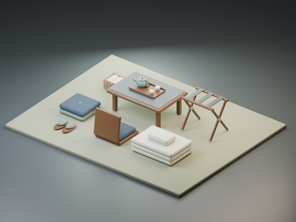 旅館の客室小物|和の滞在シーンの3D小物8組【Blender・GLB】