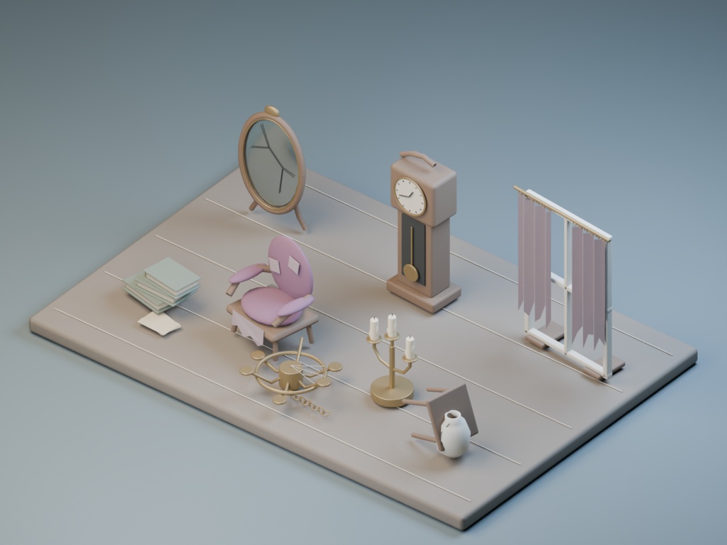 朽ちた洋館｜忘れられた部屋を組む3D小物8組【Blender・GLB】