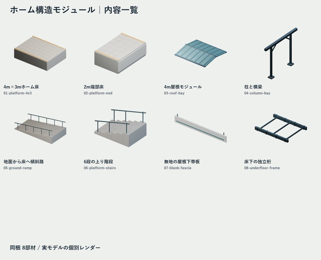 駅ホームの土台|床・屋根・柱・昇降路の8部材【Blender・GLB】