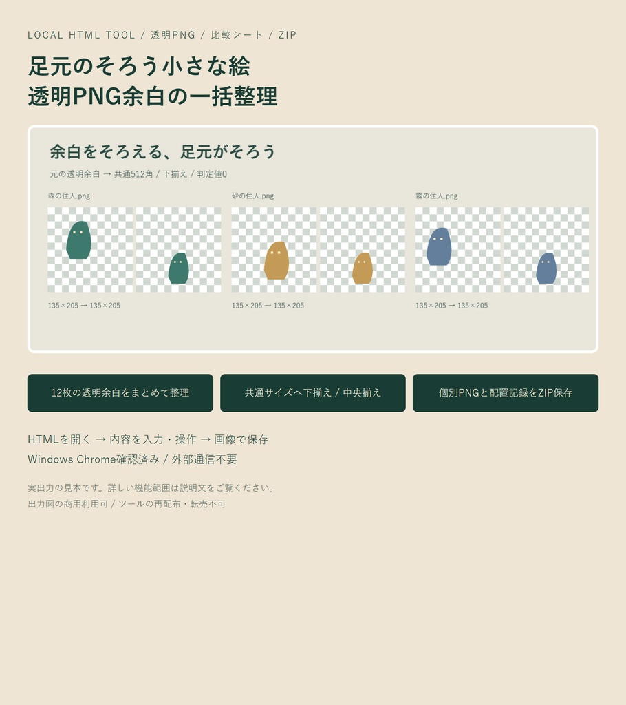 足元のそろう小さな絵｜透明PNG余白の一括整理