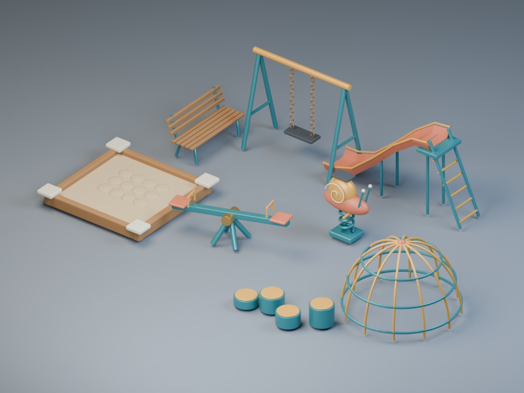 小さな公園の遊び場|遊具と休憩の8組【Blender・GLB】